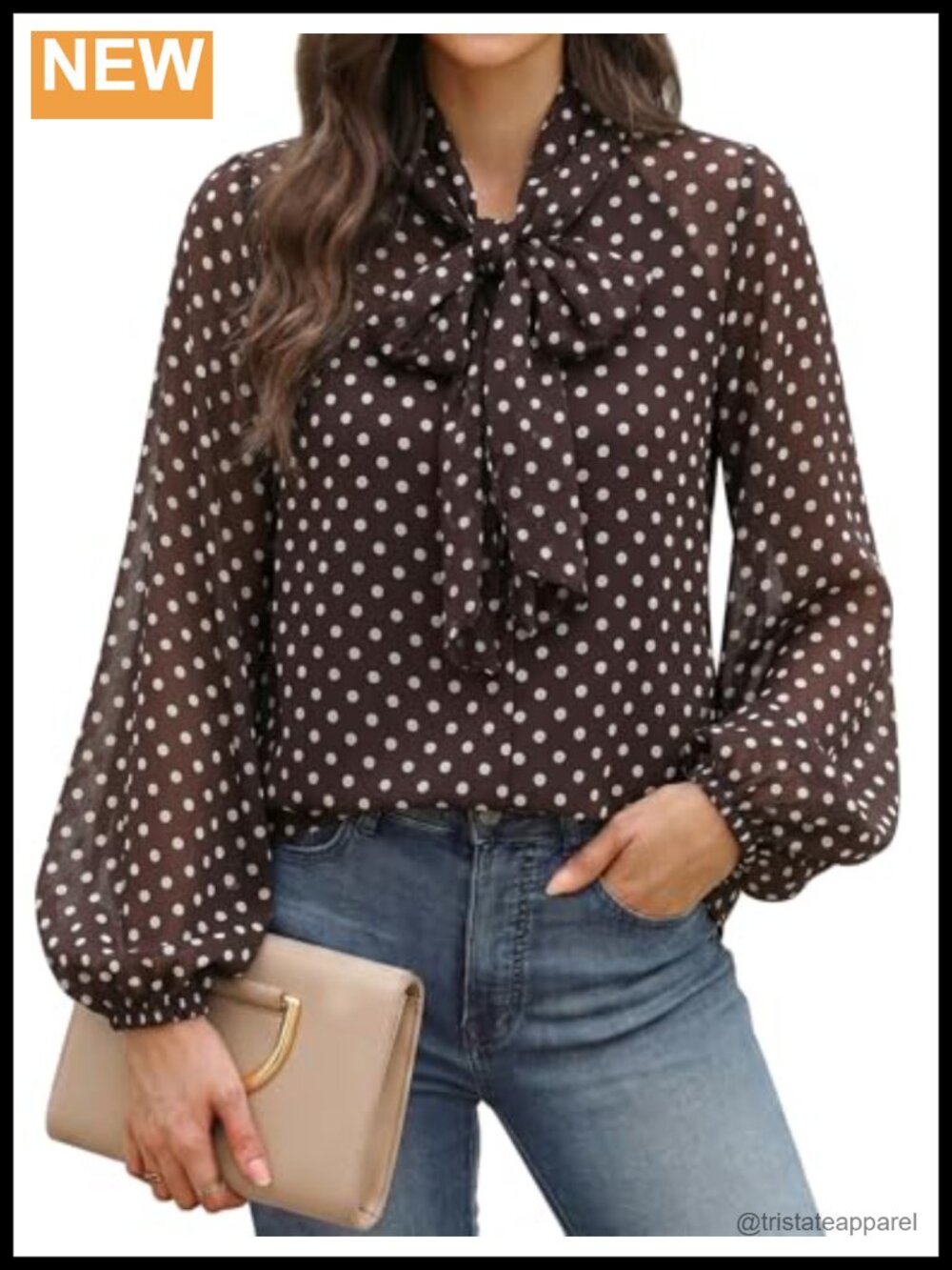 Womens Polka Dot Bow Tie Neck Blouse Long Sleeve Chiffon Top